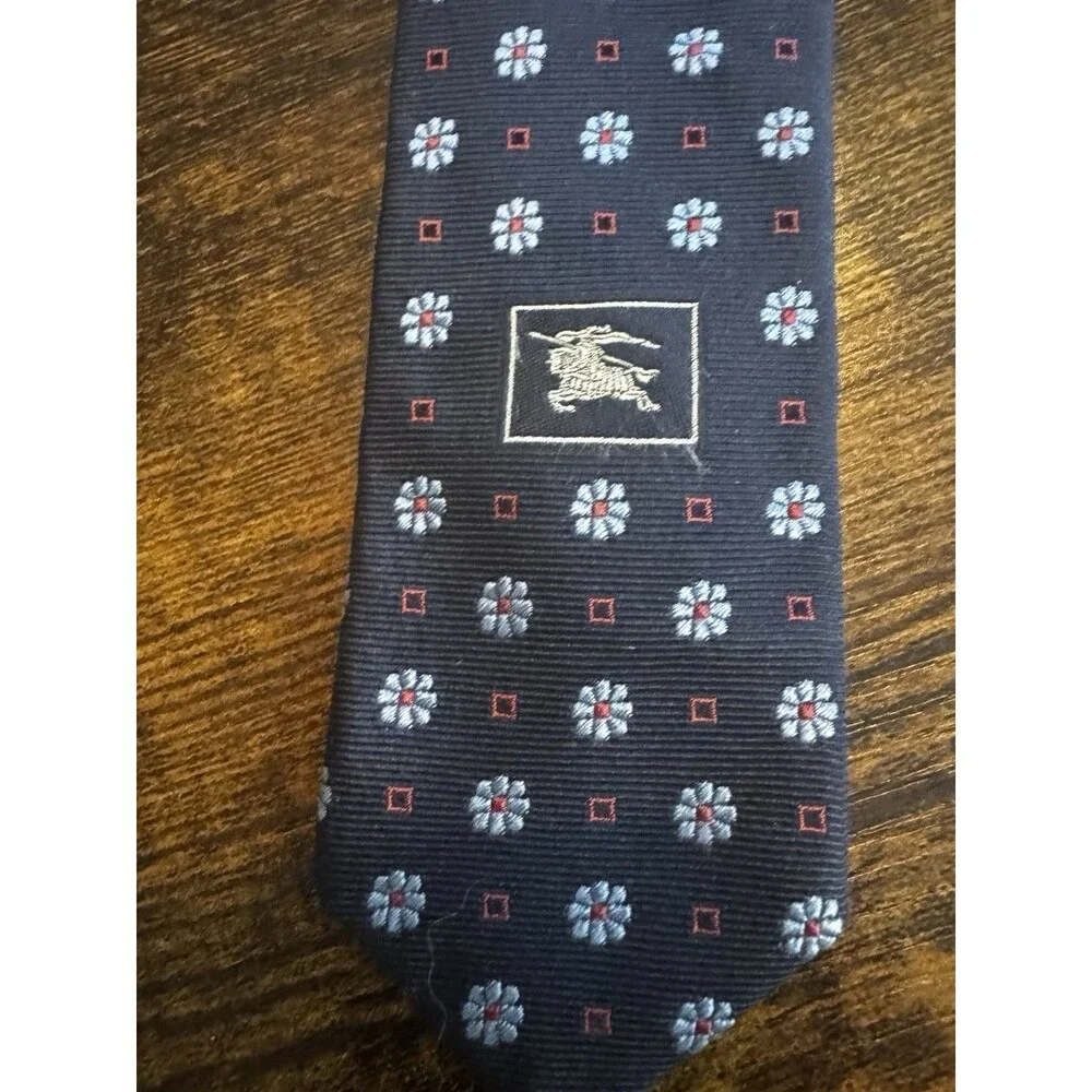 Burberry London Mens Silk Tie Navy Blue Red Floral Medallion Geometric Italy
